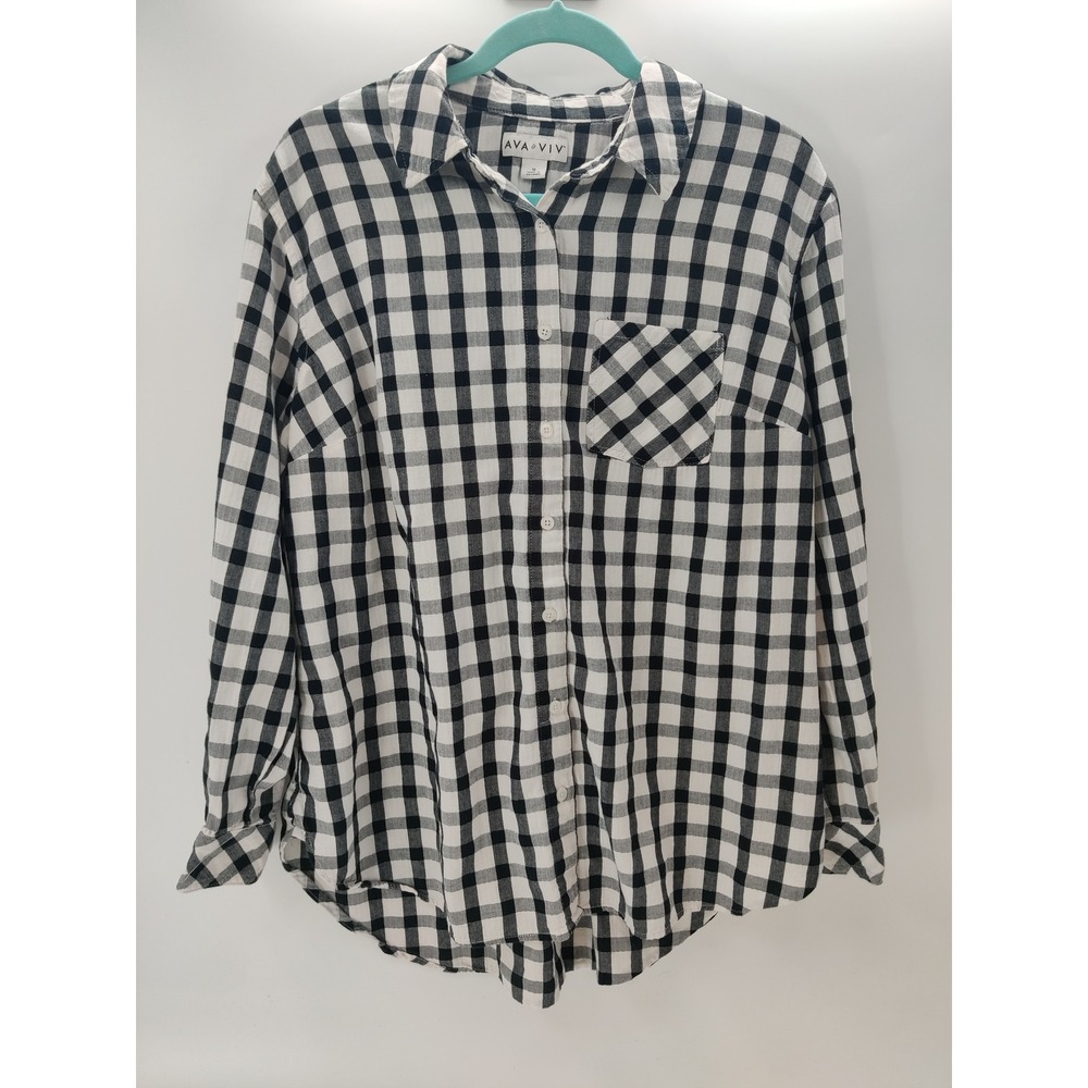 Ava & Viv Mens 1X Black White Buffalo Plaid Cotton Button Down Shirt Long Sleeve